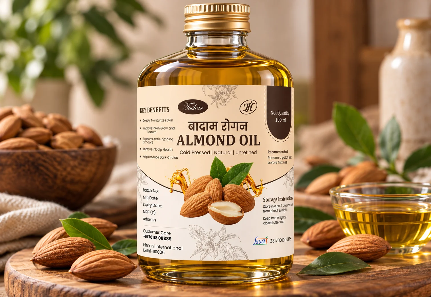 Tushar almond oil front and back packaging mockup